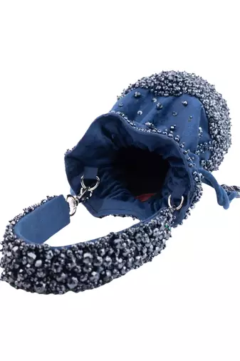 Zaria navy blue suede crystal embellished bucket bag