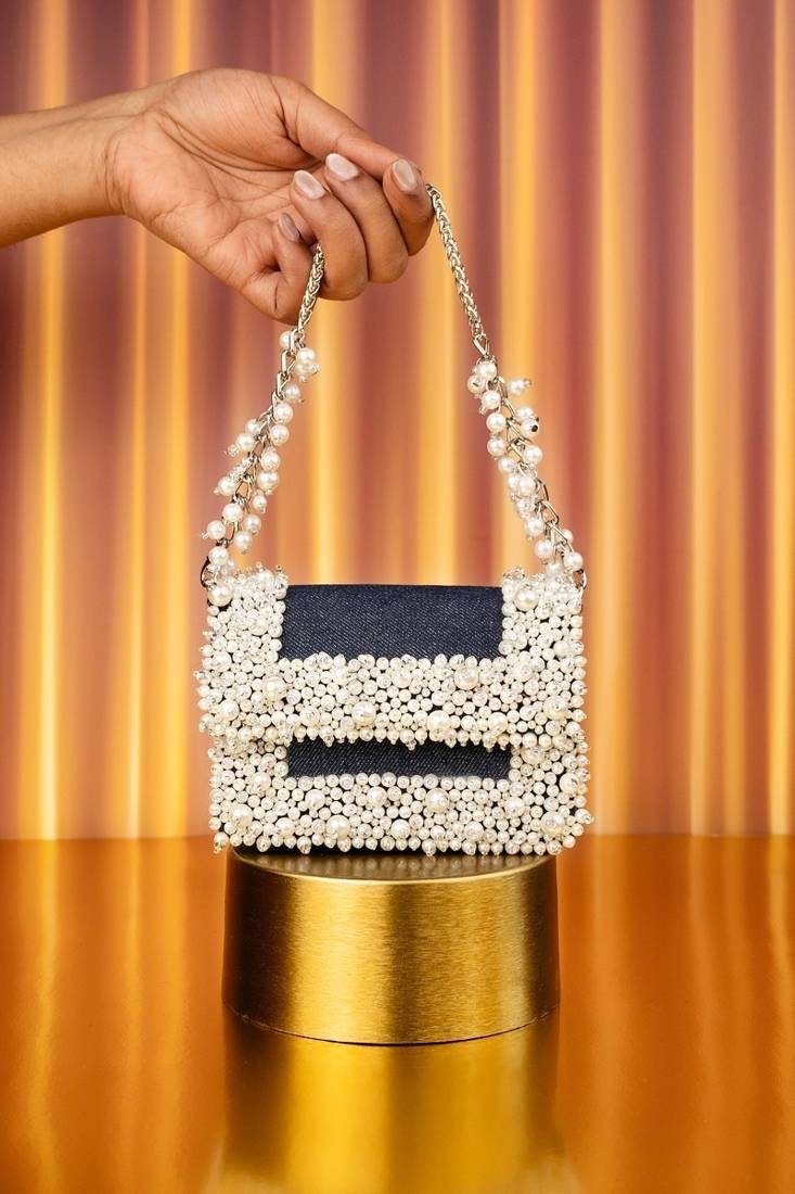 Elana denim pearl embellished mini bag
