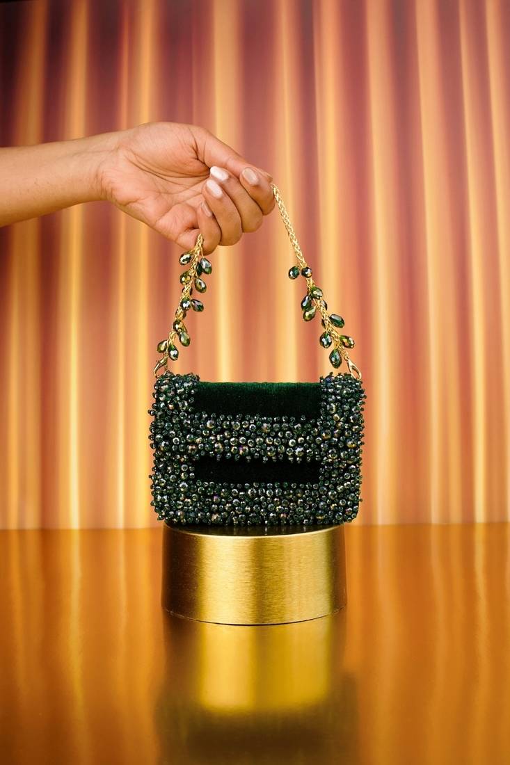 Elana green suede crystal embellished mini bag