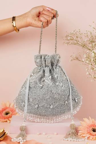 Sunheri silver georgette embellished potli