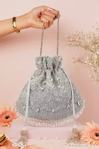 Sunheri silver georgette embellished potli