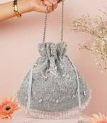 Sunheri silver georgette embellished potli