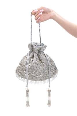 Sunheri silver georgette embellished potli 3