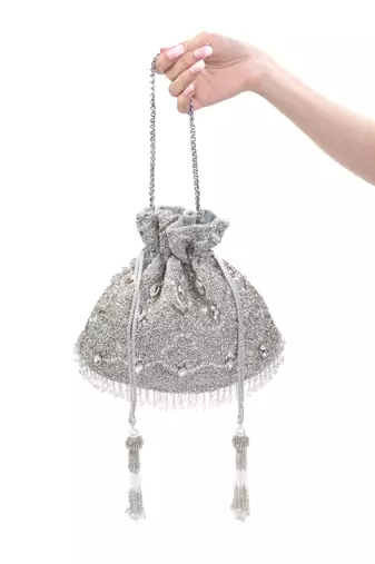 Sunheri silver georgette embellished potli