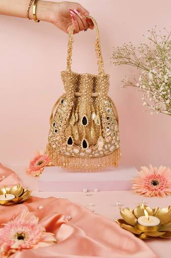 Tarah gold suede mirror embellished potli