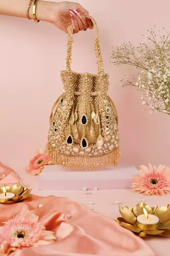 Tarah gold suede mirror embellished potli