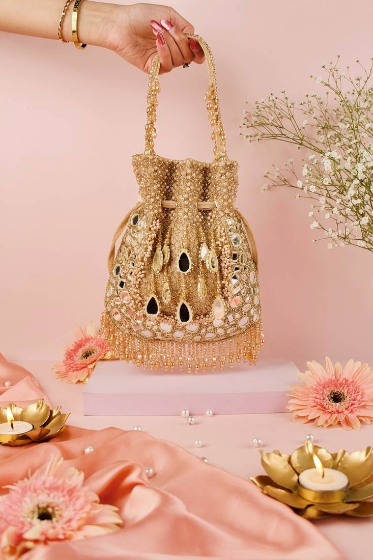 Tarah gold suede mirror embellished potli