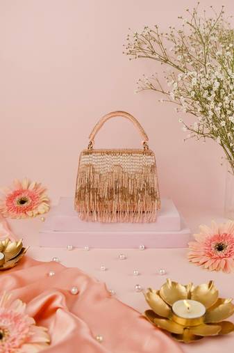 Bushra rose gold suede handcrafted box bag