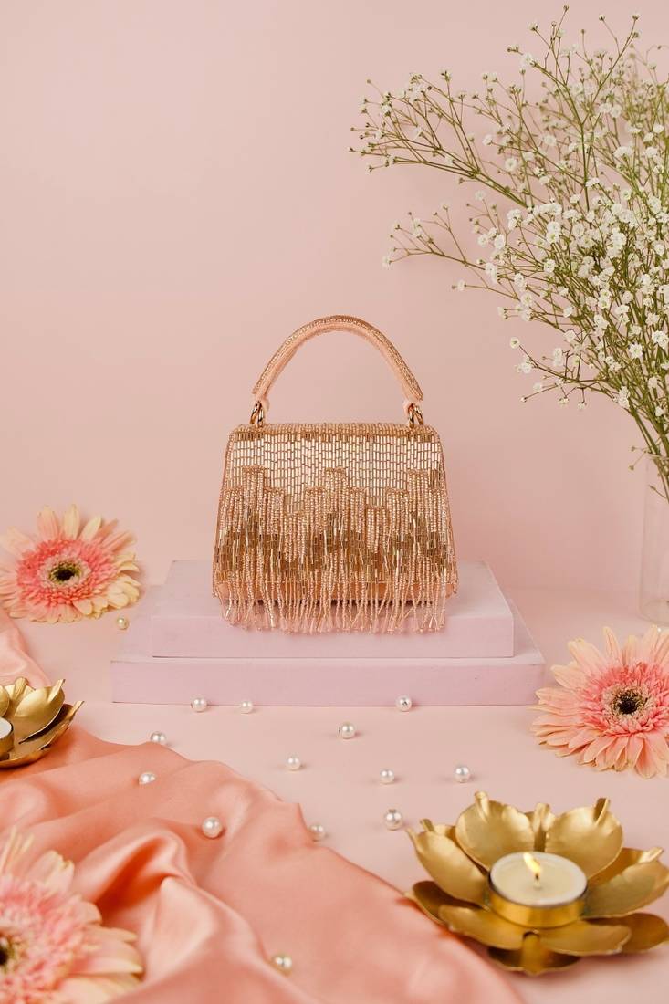 Bushra rose gold suede handcrafted box bag