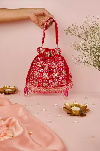 Rida magenta suede gota mirror embellished potli