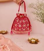 Rida magenta suede gota mirror embellished potli