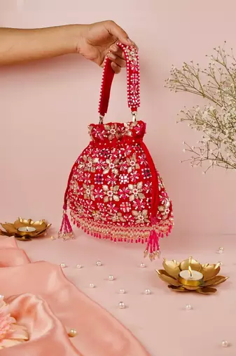 Rida magenta suede gota mirror embellished potli