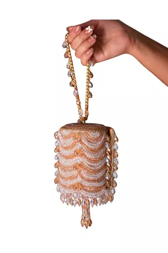 Eva gold & silver georgette embellished mini cylinder bag