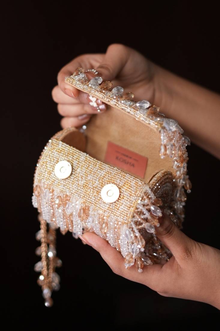 Eva gold & silver georgette embellished mini cylinder bag