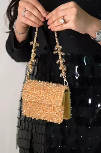 Kiyara gold suede crystal embellished mini bag