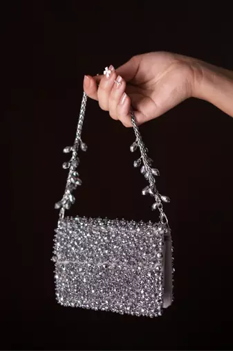 Kiyara grey suede crystal embellished mini bag