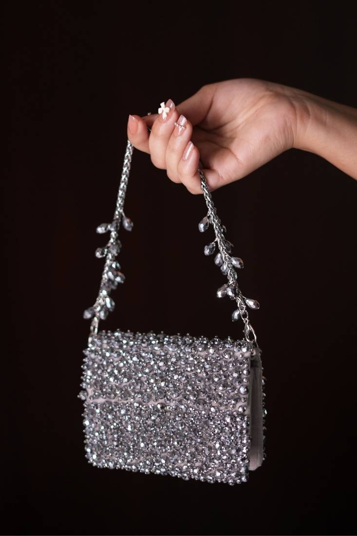 Kiyara grey suede crystal embellished mini bag