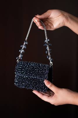 Kiyara navy blue suede crystal embellished mini bag 1