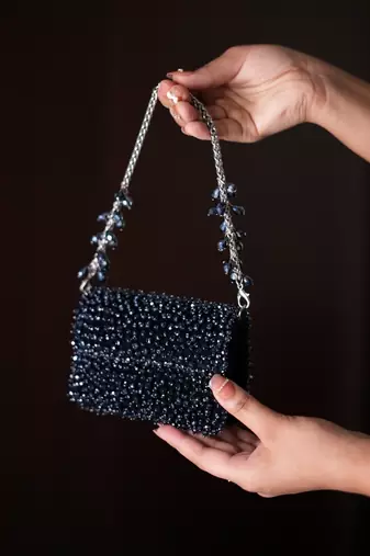 Kiyara navy blue suede crystal embellished mini bag