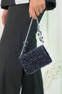 Kiyara navy blue suede crystal embellished mini bag 2