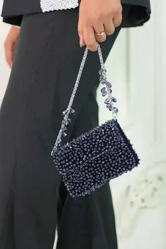 Kiyara navy blue suede crystal embellished mini bag