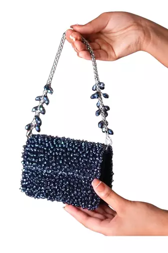 Kiyara navy blue suede crystal embellished mini bag