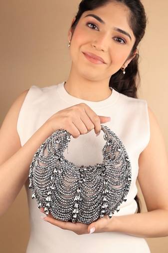 Liona grey georgette embellished hobo bag