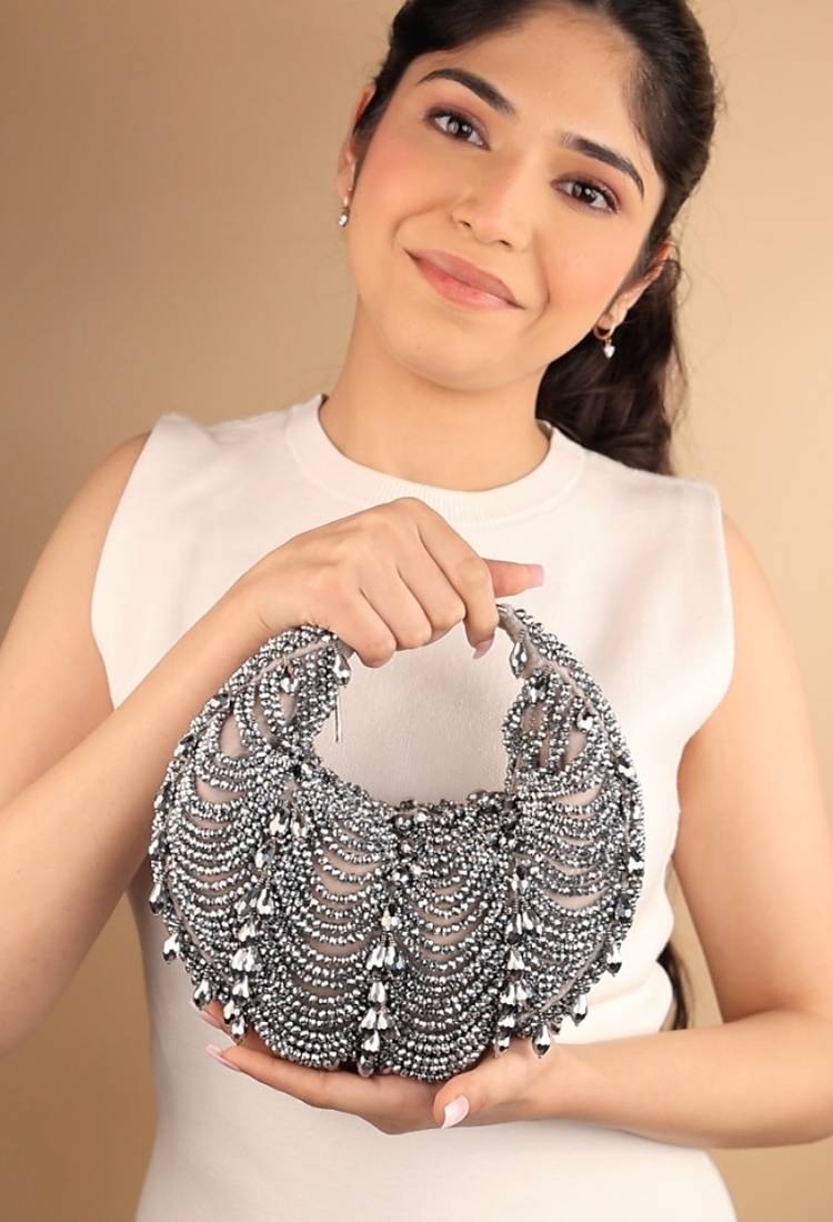 Liona grey georgette embellished hobo bag