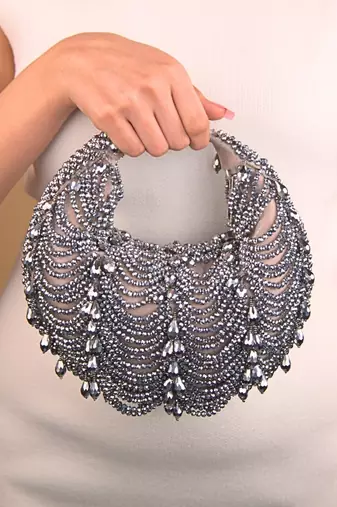 Liona grey georgette embellished hobo bag