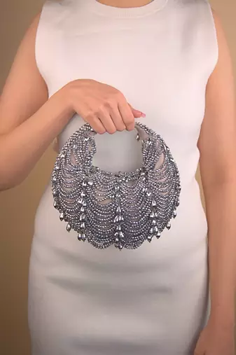 Liona grey georgette embellished hobo bag