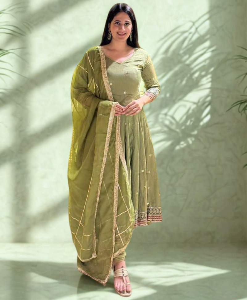 Green Heavy Silk With Sequence And Embroidery Work With Pant &Dupatta 3pc set