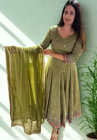 Green Heavy Silk With Sequence And Embroidery Work With Pant &Dupatta 3pc set