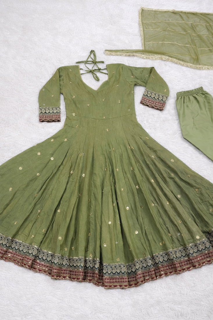 Green Heavy Silk With Sequence And Embroidery Work With Pant &Dupatta 3pc set