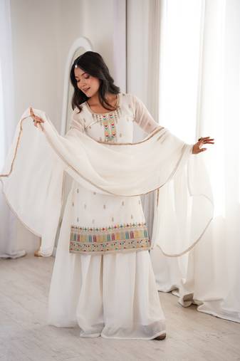 Heavy silk embroidery sequins work white readymade salwar suit