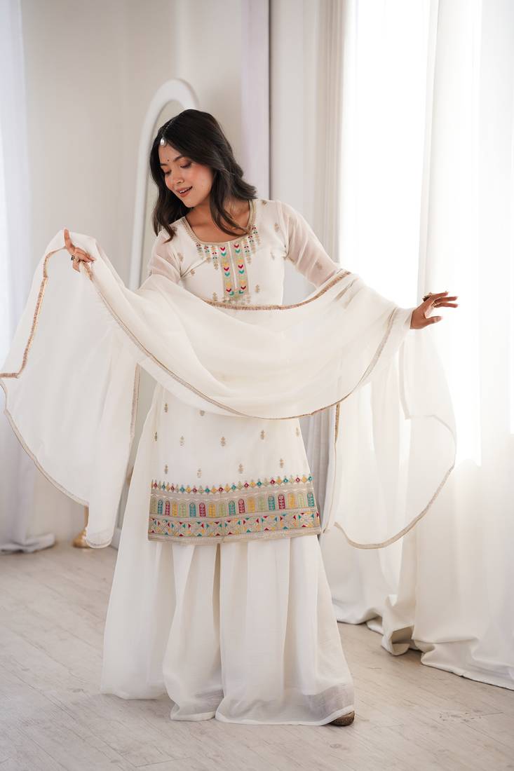 Heavy silk embroidery sequins work white readymade salwar suit