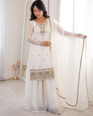 Heavy silk embroidery sequins work white readymade salwar suit 3