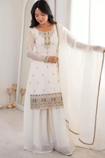 Heavy silk embroidery sequins work white readymade salwar suit