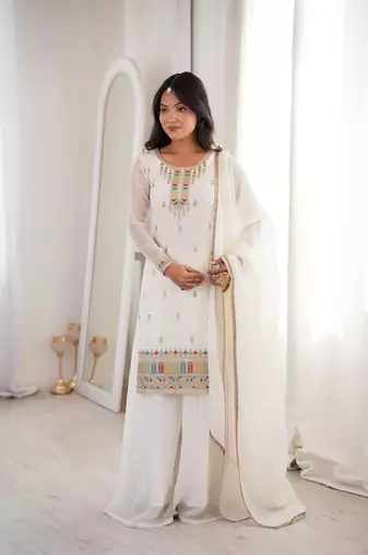 Heavy silk embroidery sequins work white readymade salwar suit