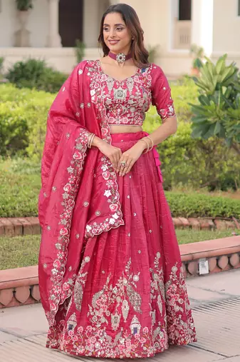 Enchanting Pink Embroidered Crushed Designer Lehenga With Blouse