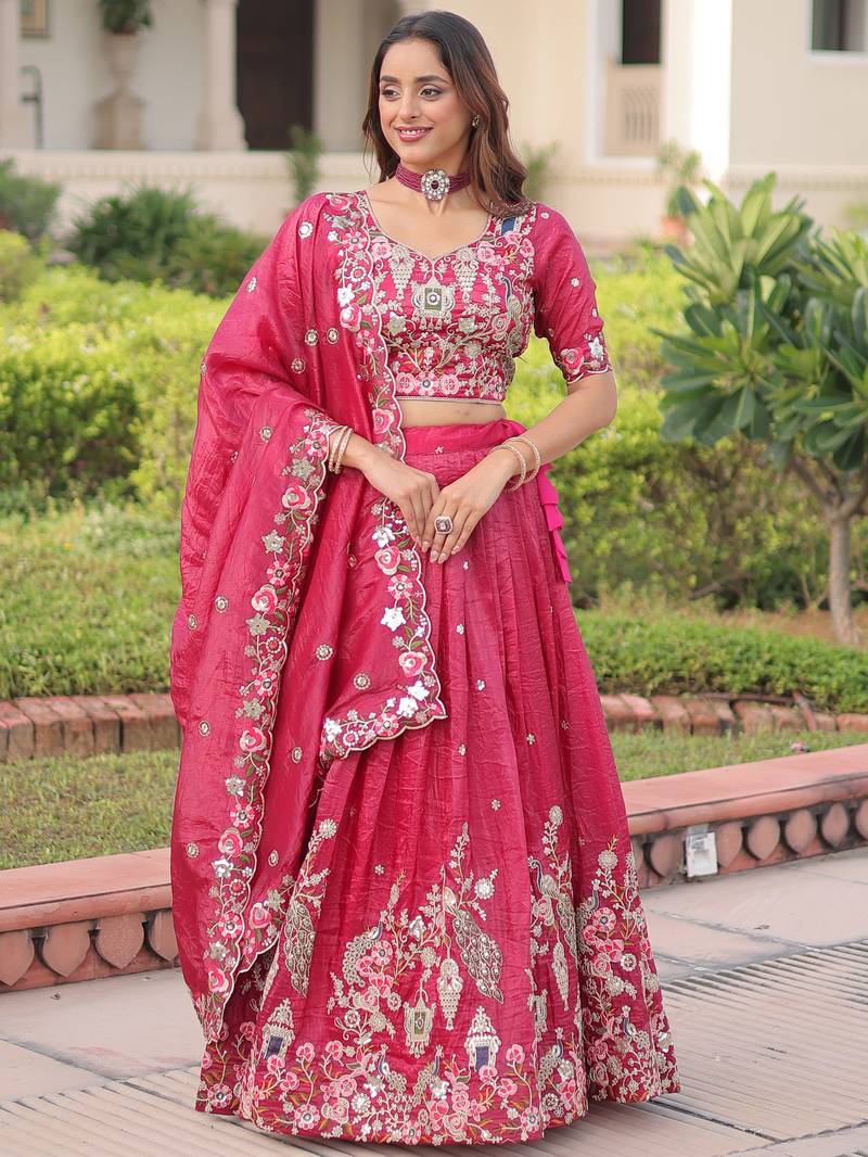 Enchanting Pink Embroidered Crushed Designer Lehenga With Blouse