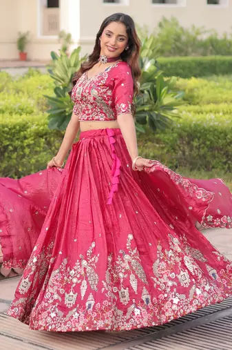 Enchanting Pink Embroidered Crushed Designer Lehenga With Blouse