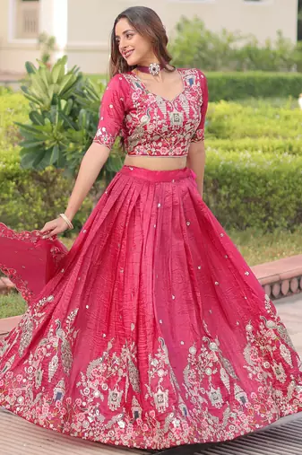 Enchanting Pink Embroidered Crushed Designer Lehenga With Blouse