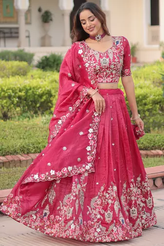 Enchanting Pink Embroidered Crushed Designer Lehenga With Blouse