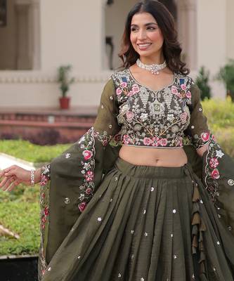 Alluring Olive Green Codding Work Crushed Evening Wear Lehenga Choli 2