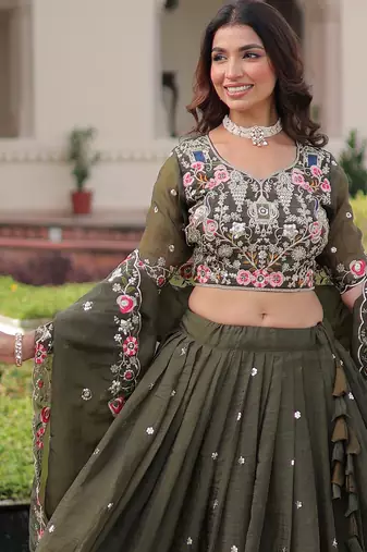 Alluring Olive Green Codding Work Crushed Evening Wear Lehenga Choli