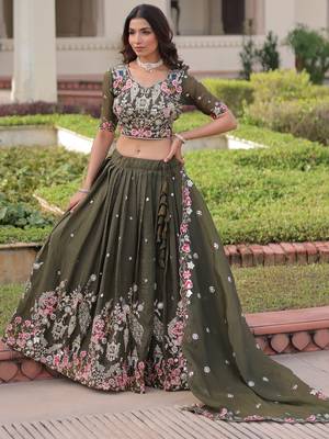 Alluring Olive Green Codding Work Crushed Evening Wear Lehenga Choli 1
