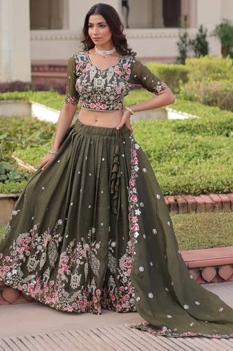 Alluring Olive Green Codding Work Crushed Evening Wear Lehenga Choli