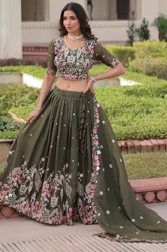 Alluring Olive Green Codding Work Crushed Evening Wear Lehenga Choli