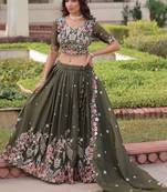 Alluring Olive Green Codding Work Crushed Evening Wear Lehenga Choli