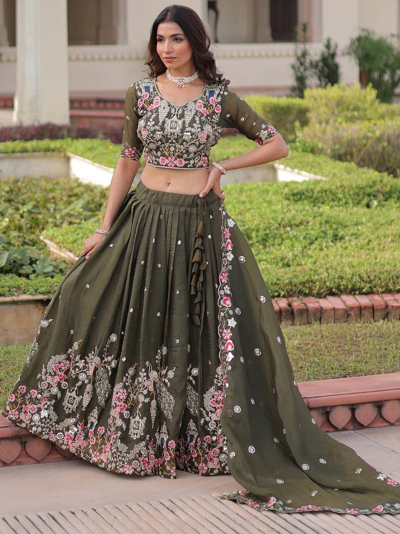 Alluring Olive Green Codding Work Crushed Evening Wear Lehenga Choli